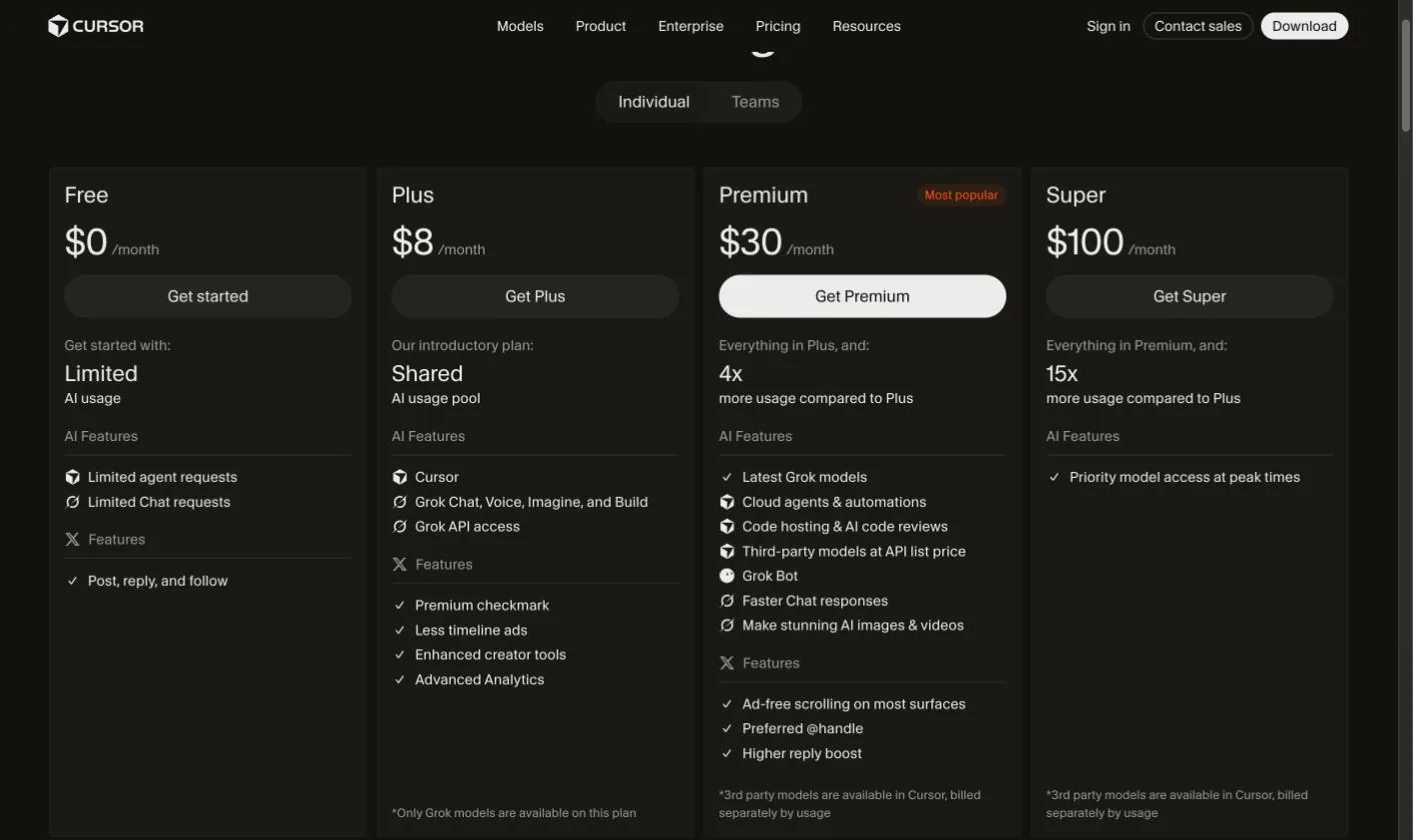 Cursor pricing in October 2026 with the footnote that only Grok models are available on the Plus plan