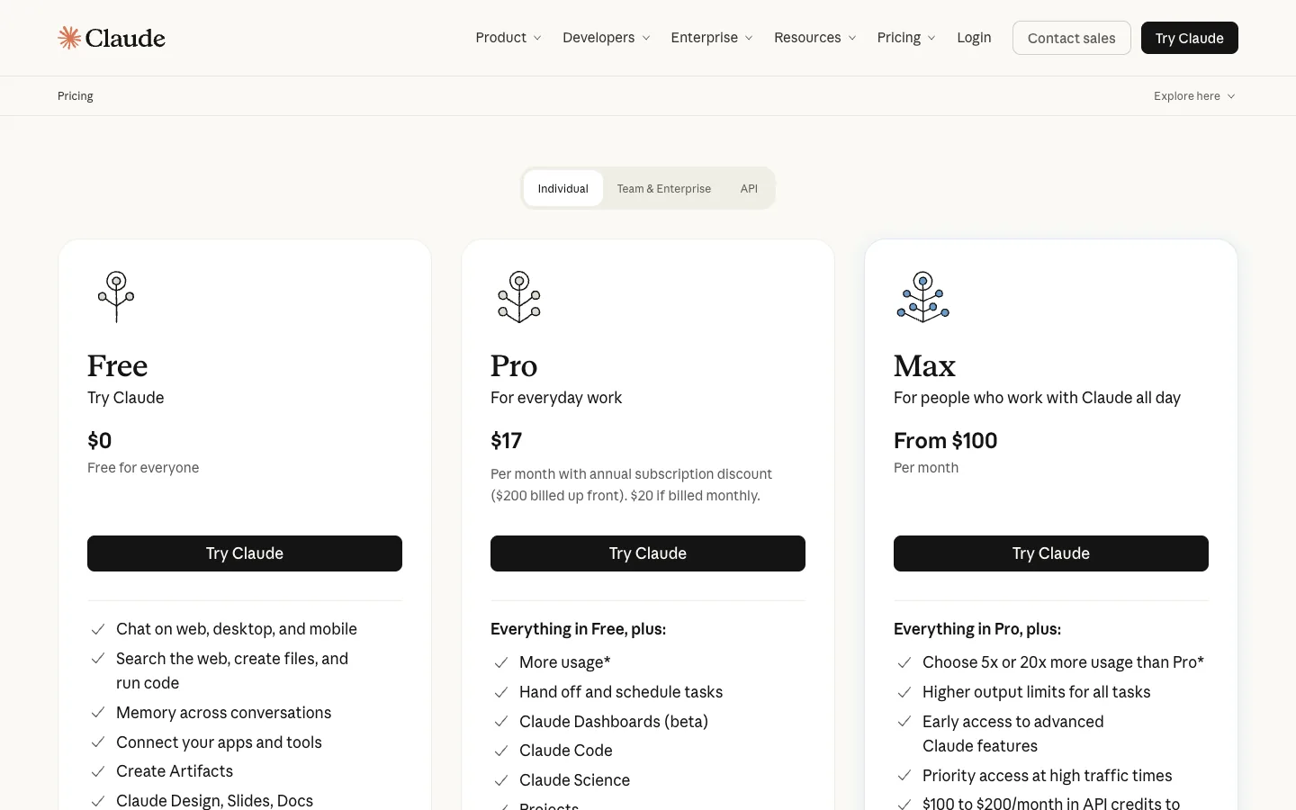 Claude pricing page showing Free, Pro and Max plans with Claude Code included on paid plans