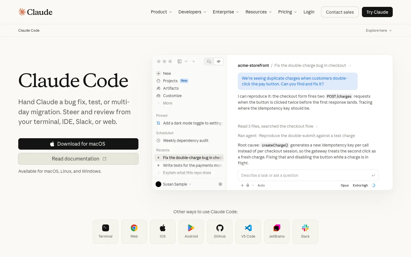 Claude Code product page showing the agent fixing a bug from the terminal with IDE and Slack options