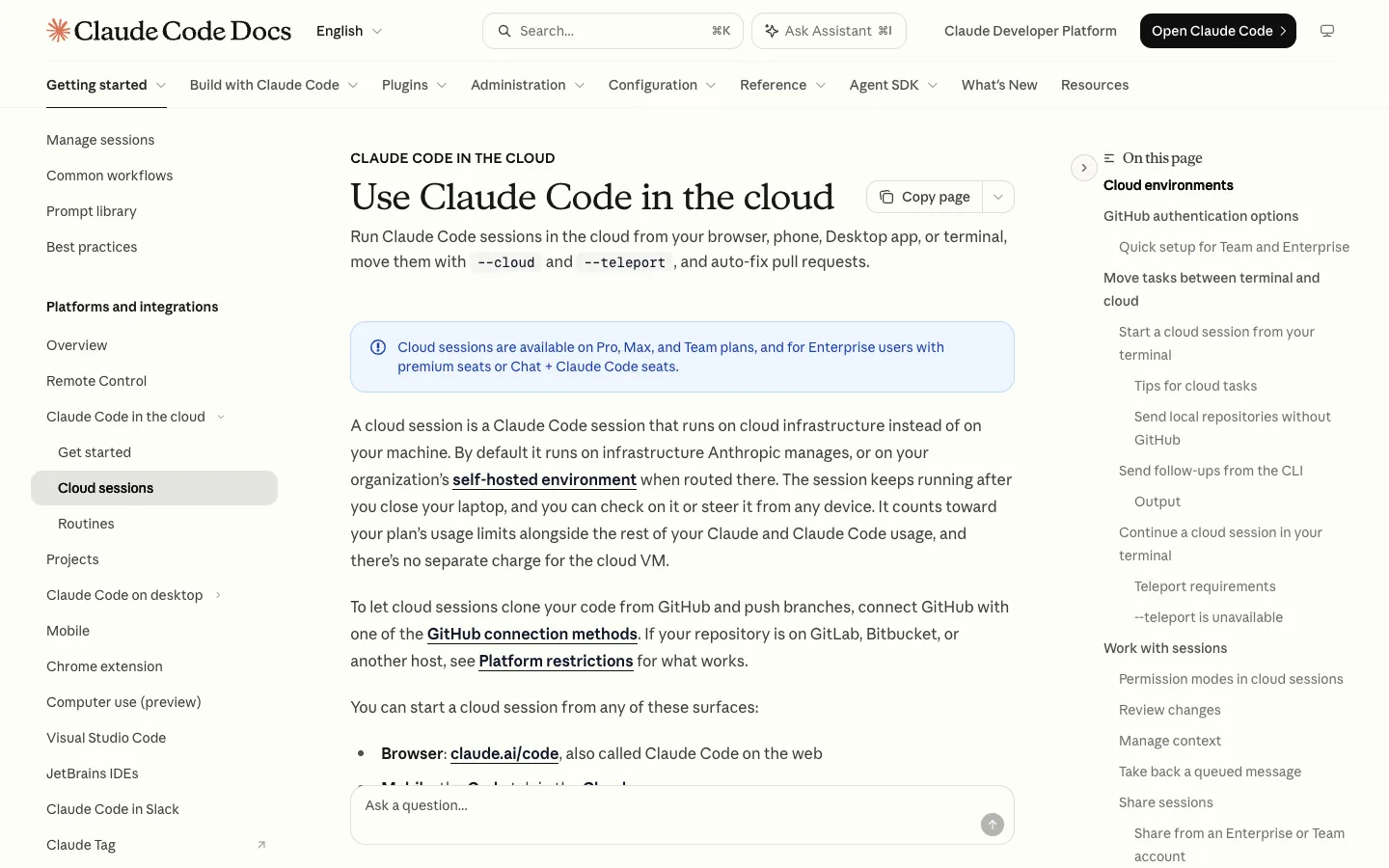 Claude Code on the web documentation describing cloud sessions started with the claude --cloud command