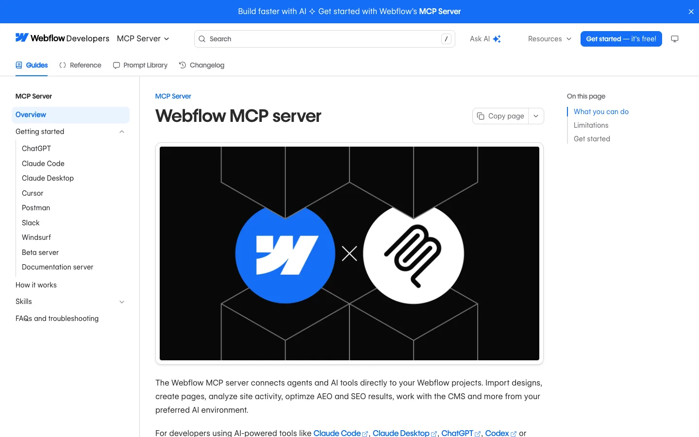 Webflow developer docs page listing what the Webflow MCP server can do for AI tools