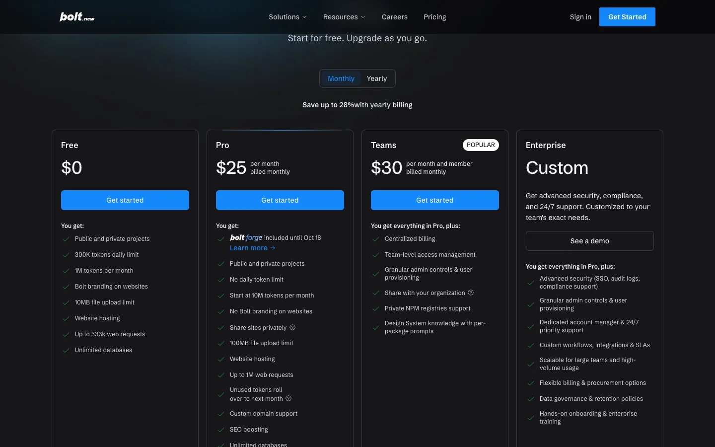 Bolt.new pricing page showing the Free and Pro plans with token allowances