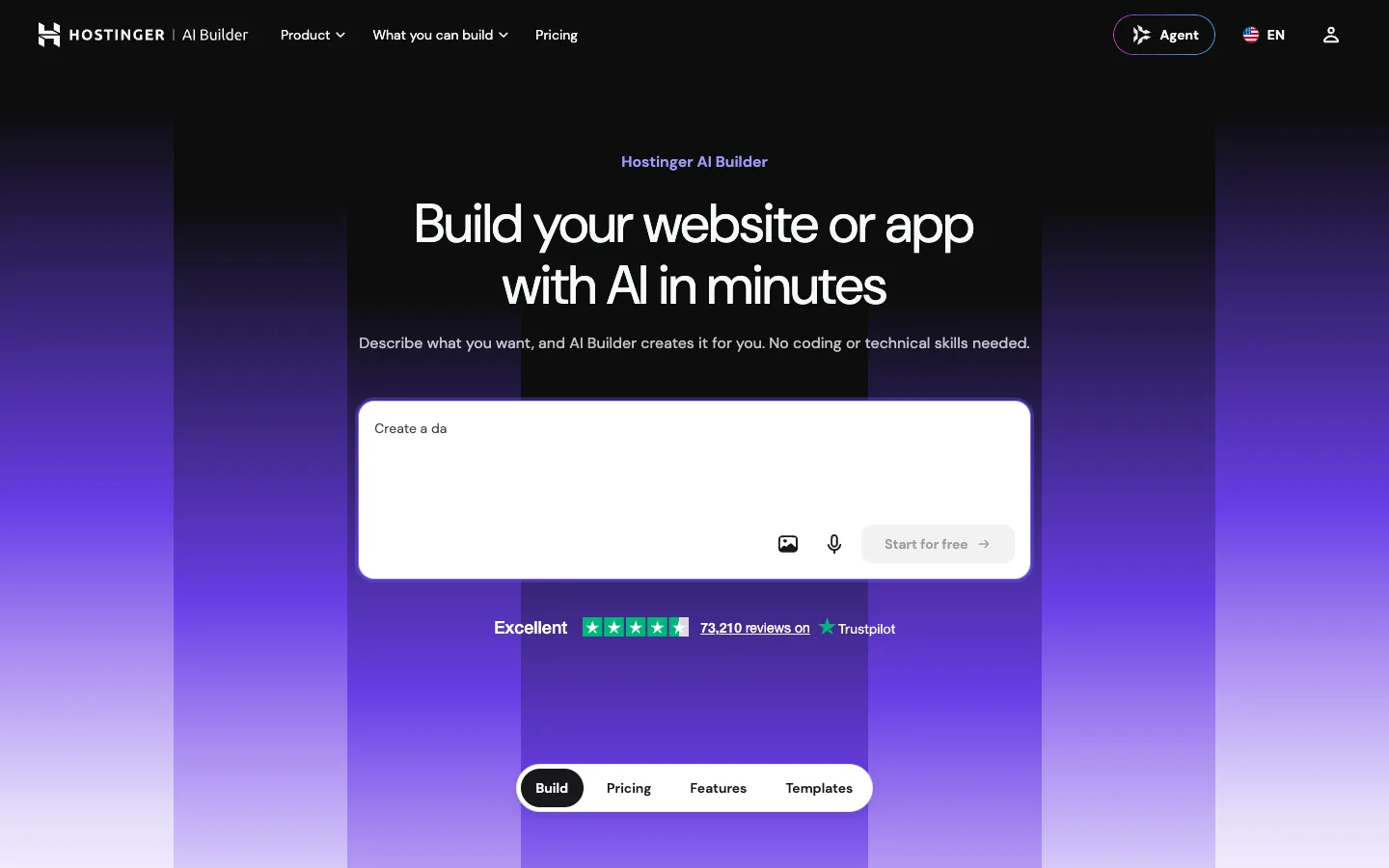 Hostinger AI Builder page showing plans with credits, hosting and a free domain