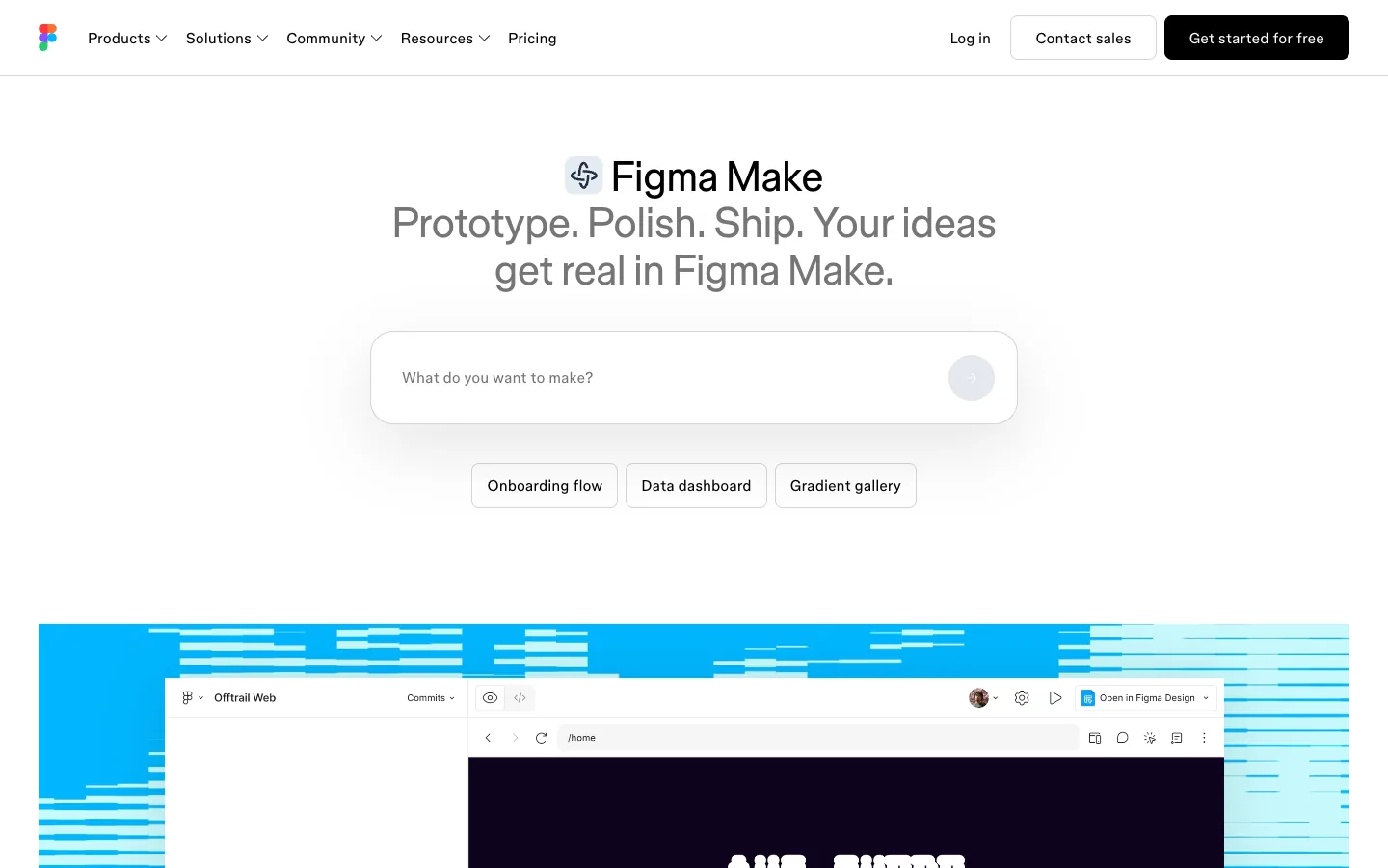 Figma Make landing page with the headline Prototype. Polish. Ship. and a prompt box