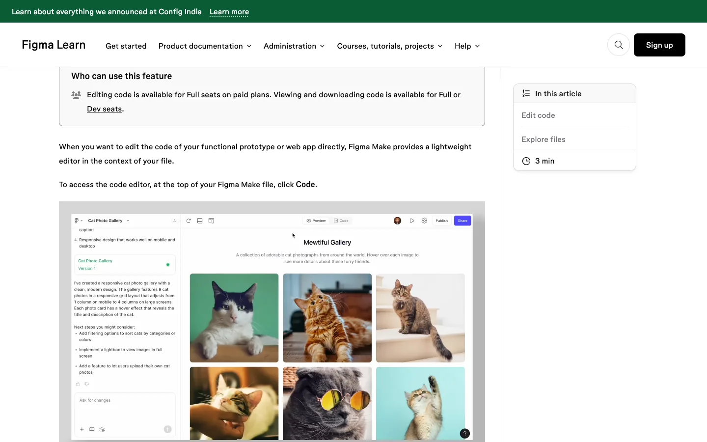 Figma help article on editing and downloading the code of a Figma Make prototype