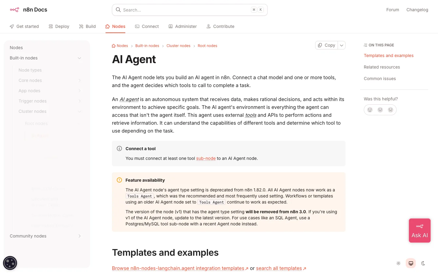 n8n documentation page for the AI Agent node showing the model, memory and tool sub-node slots