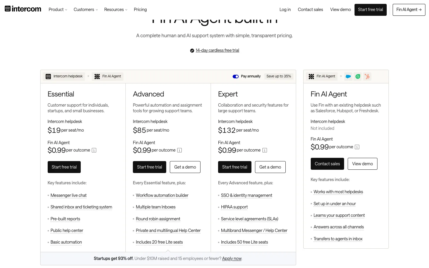 Intercom pricing page showing Fin priced at 99 cents per outcome