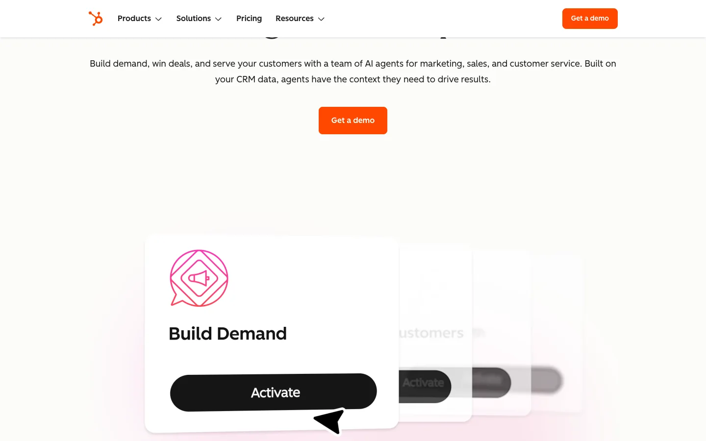 HubSpot AI page listing the agents in Agent Hub including content, prospecting and customer agents