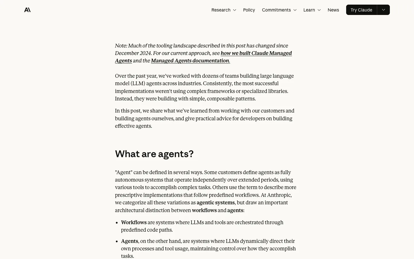 Anthropic's Building effective agents essay defining workflows and agents