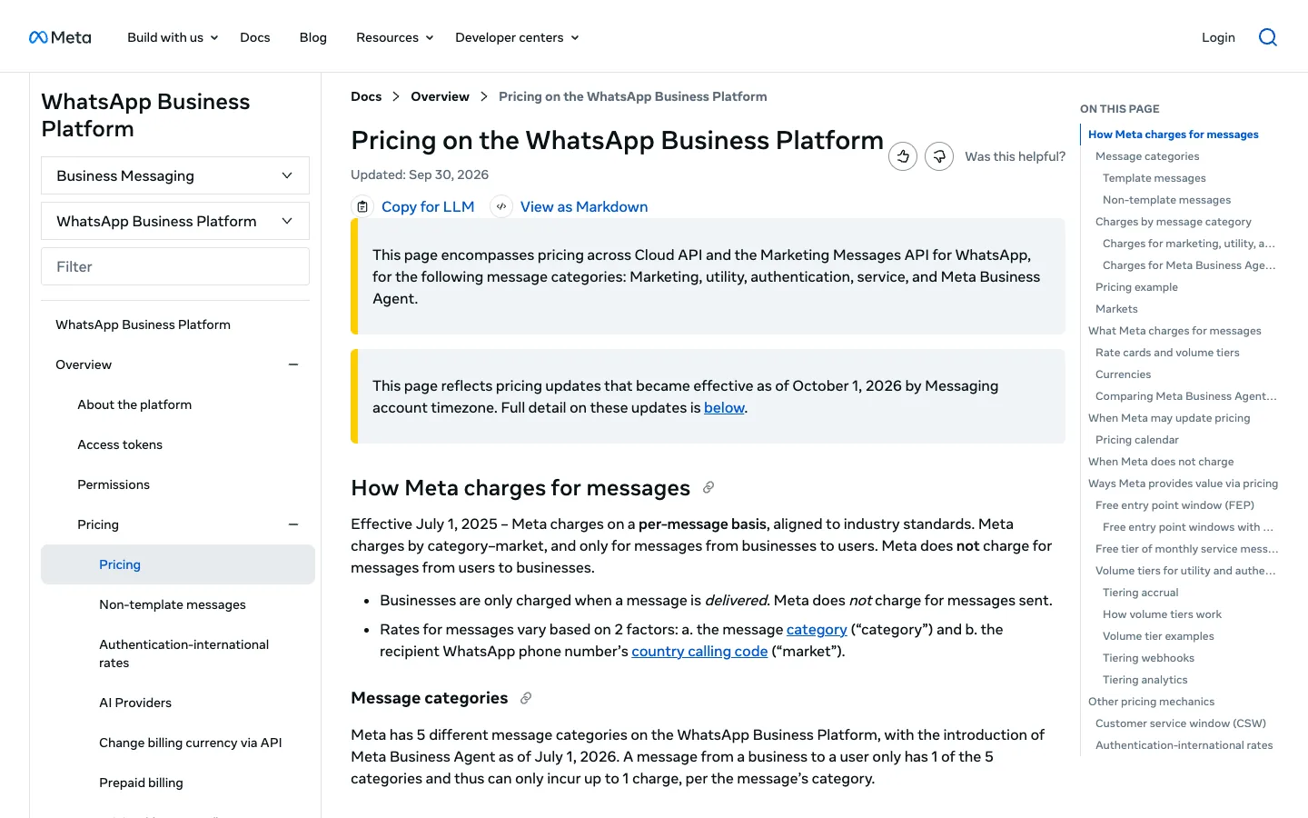 Meta developer documentation page on WhatsApp Business Platform per-message pricing