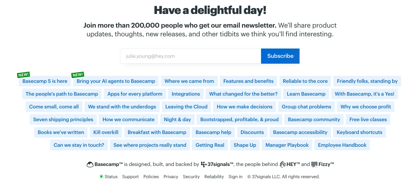 Basecamp website footer with a newsletter signup for 200,000 subscribers and a cloud of blue pill links
