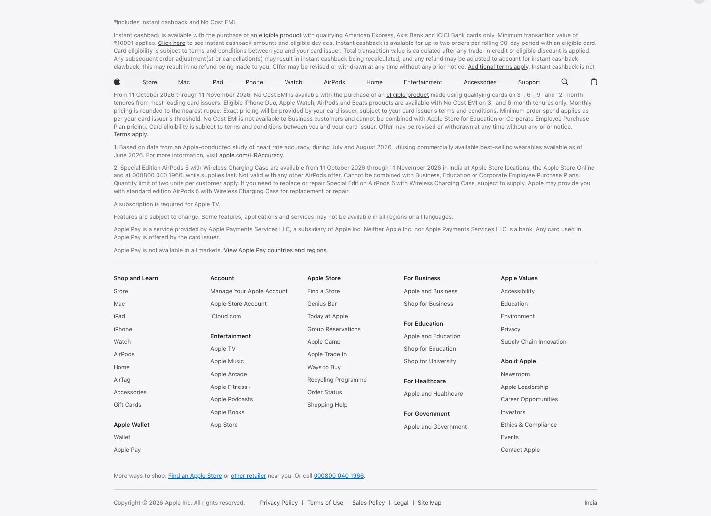 Apple India website footer with legal fine print above a five-column doormat of store, account, business and values links