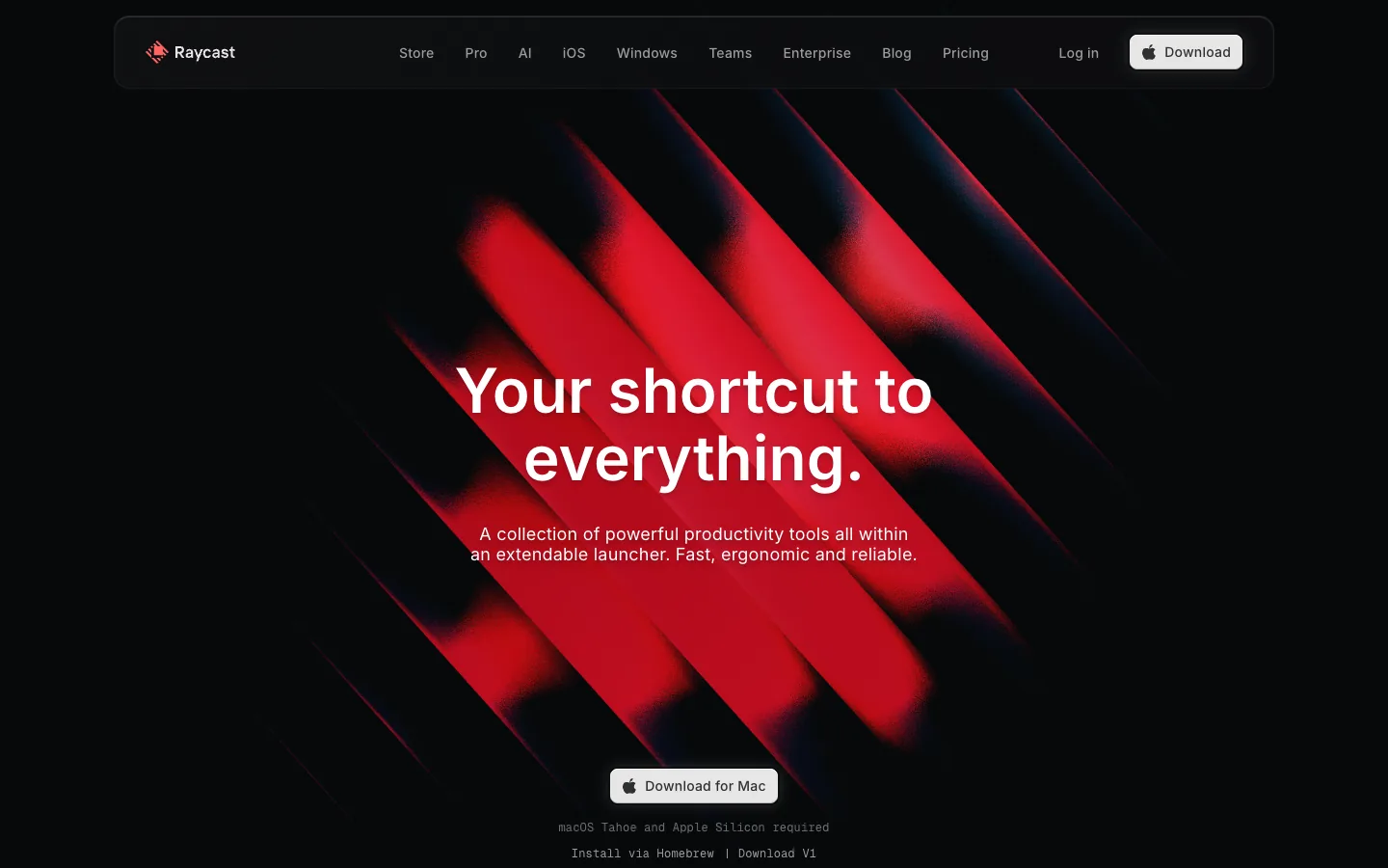Raycast homepage hero with a red brush stroke, the headline Your shortcut to everything and a Download for Mac button