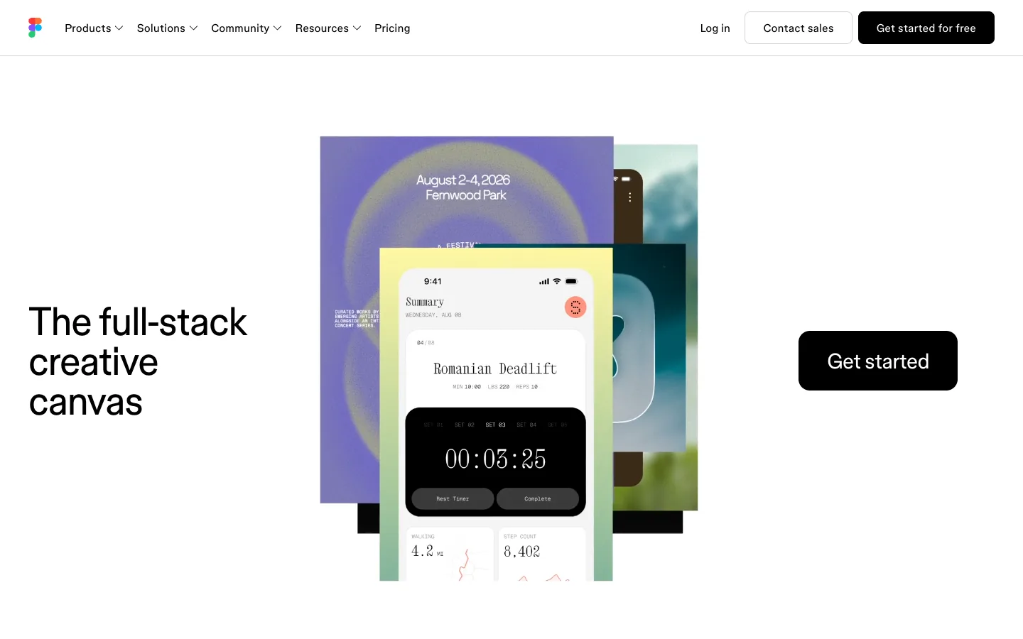 Figma homepage hero with the headline The full-stack creative canvas beside stacked product screens and a Get started button