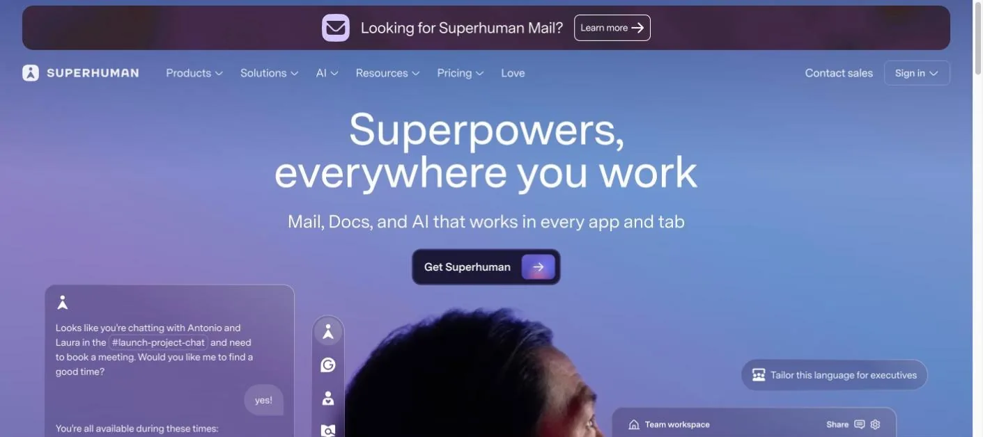 Superhuman homepage hero with the headline Superpowers, everywhere you work, a Get Superhuman button and a product screenshot