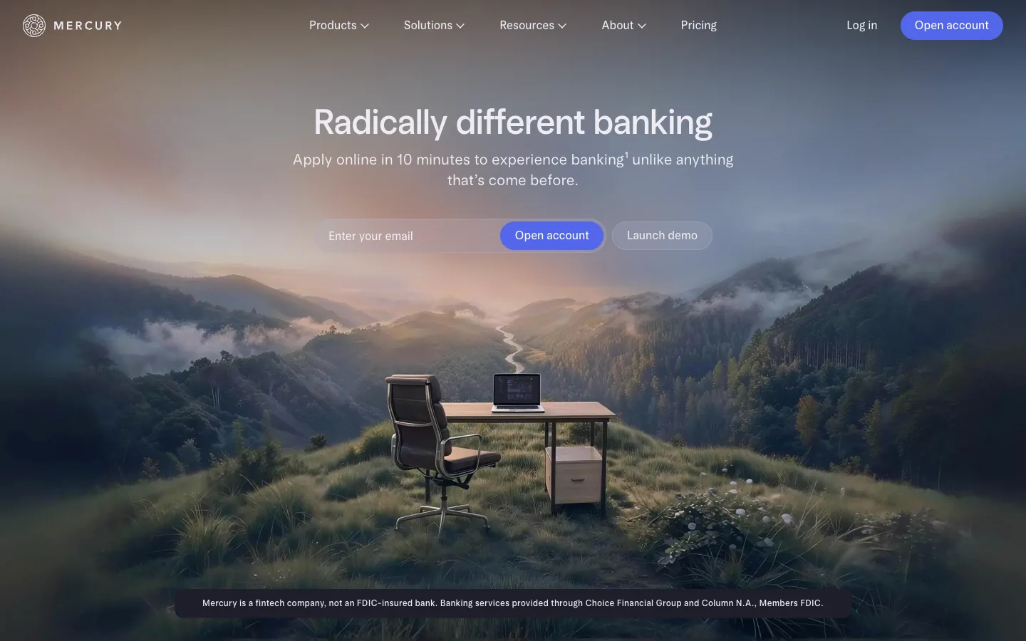 Mercury homepage hero with the headline Radically different banking, an email field, Open account and Launch demo buttons over a landscape photo
