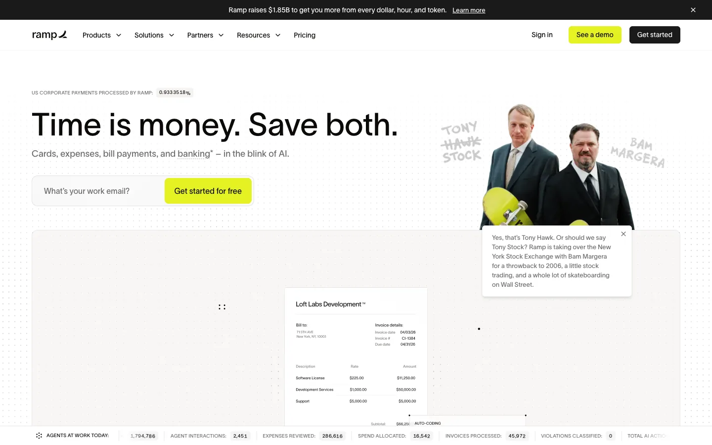 Ramp homepage hero with the headline Time is money. Save both., a work email field, a photo and a live counter strip
