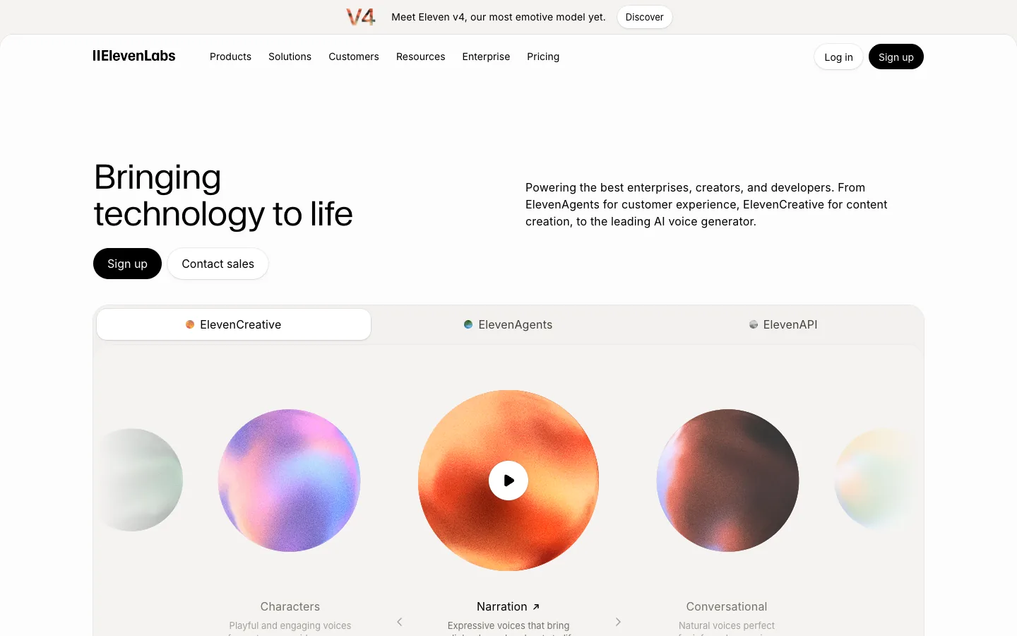 ElevenLabs homepage hero with the headline Bringing technology to life, Sign up and Contact sales buttons and a row of playable voice orbs