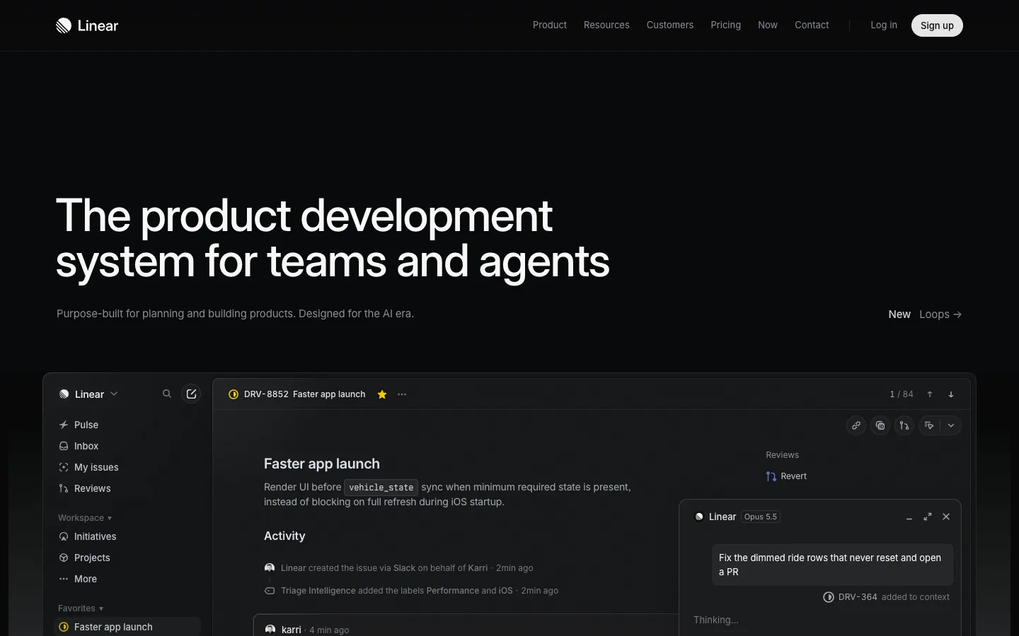Linear homepage hero with the headline The product development system for teams and agents above a dark product screenshot