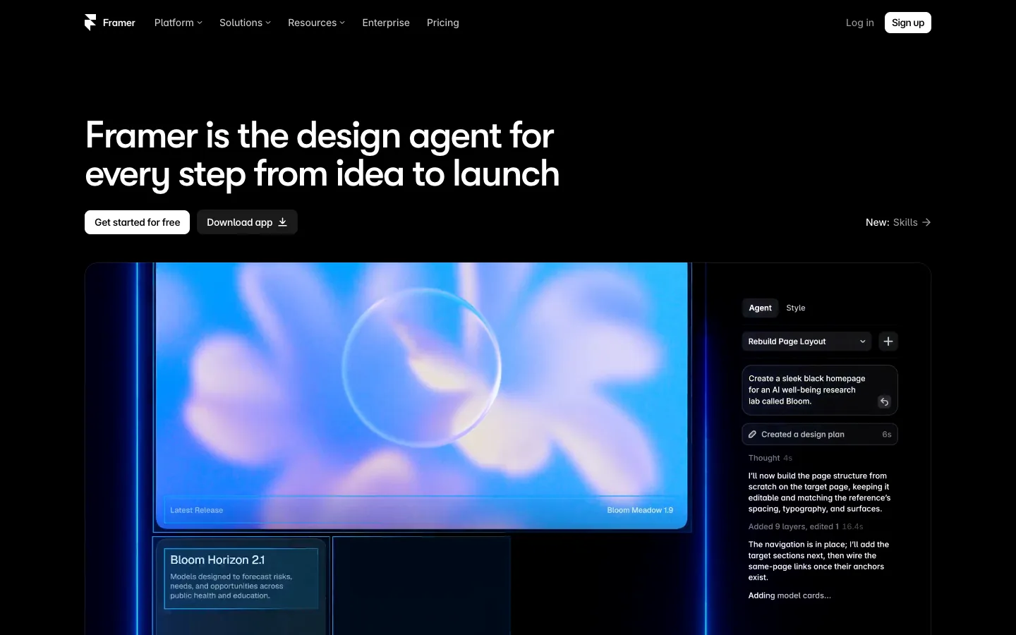 Framer homepage hero with the headline Framer is the design agent for every step from idea to launch and a product screenshot