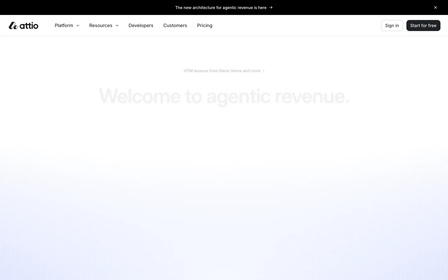 Attio homepage hero with the statement Welcome to agentic revenue on a near-empty light background