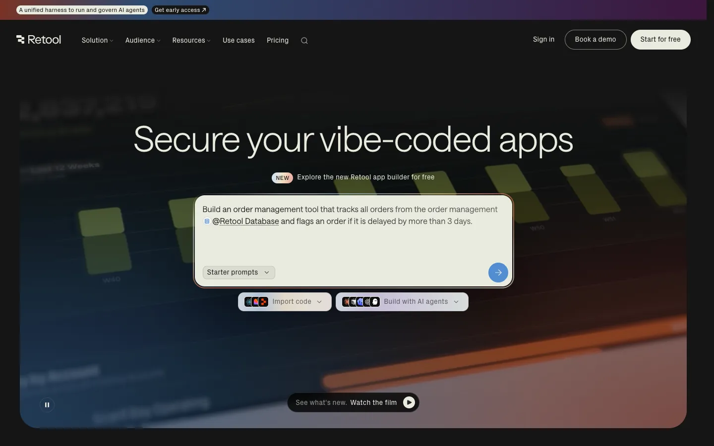 Retool homepage hero with the headline Secure your vibe-coded apps and a prompt box over a dark product background