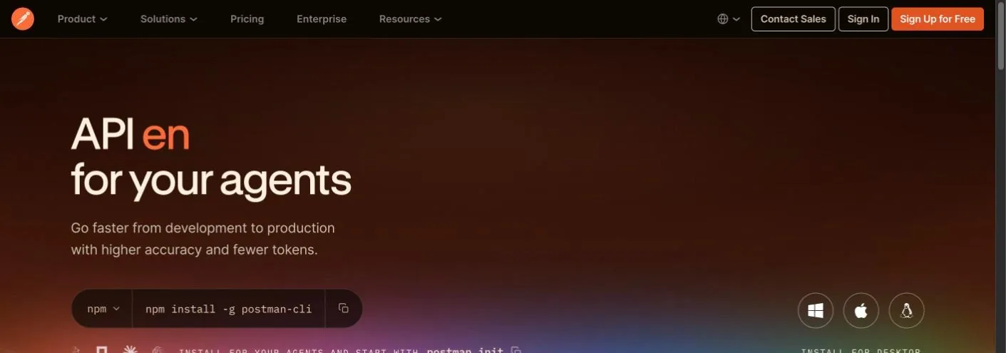 Postman homepage hero with an animated headline ending for your agents, an npm install command and desktop download icons
