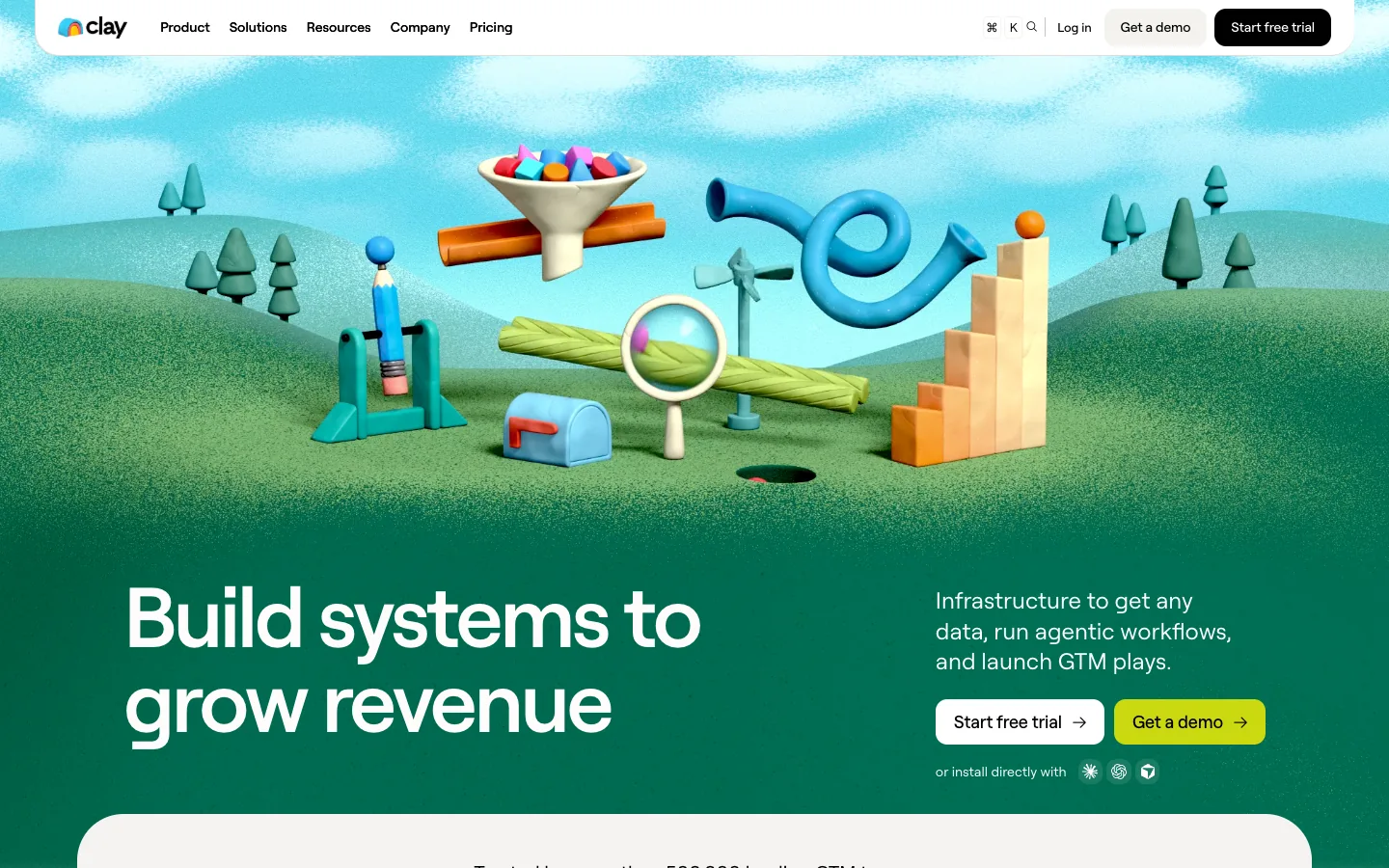 Clay homepage hero with a 3D illustrated landscape and the headline Build systems to grow revenue with two buttons