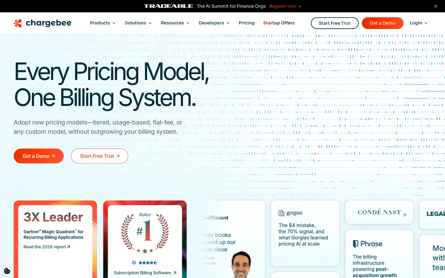 Chargebee homepage hero with the headline Every Pricing Model, One Billing System and analyst and review badges below
