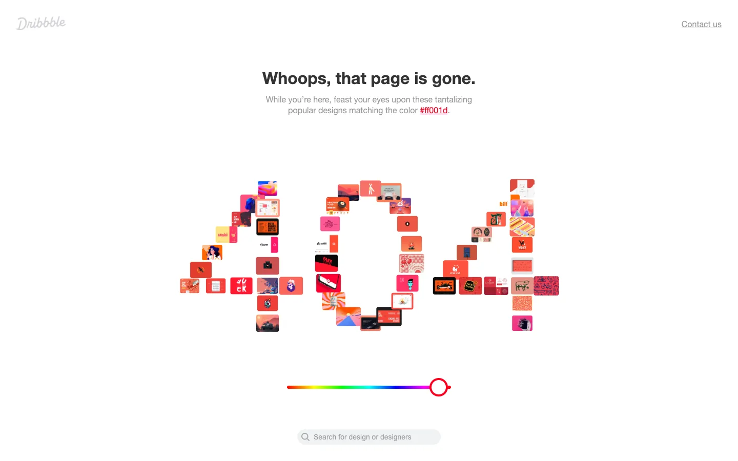 Dribbble 404 page with the digits 404 made of small design shots and a colour slider below