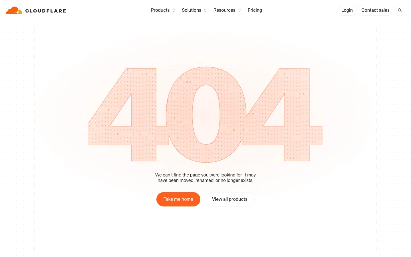Cloudflare 404 page with a large faint 404, a short message, a Take me home button and a View all products link