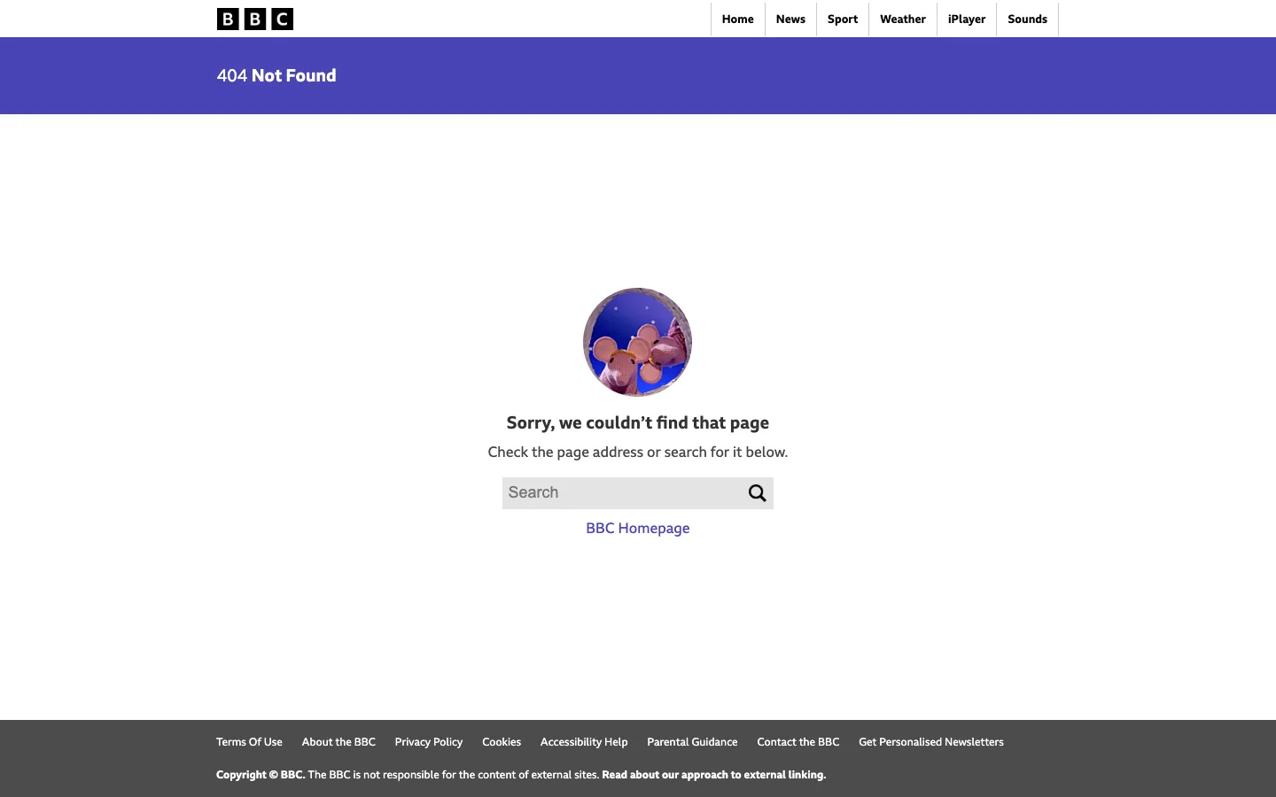 BBC 404 page with the message Sorry we couldn't find that page and an inline search box above the BBC homepage link