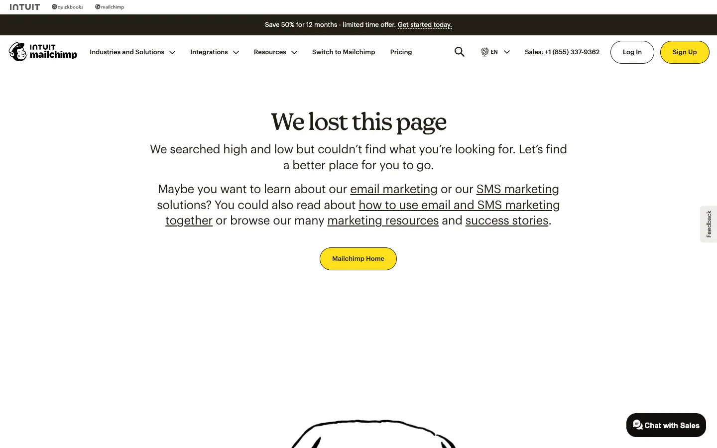 Mailchimp 404 page headed We lost this page with a paragraph of links to email marketing, SMS marketing and resources