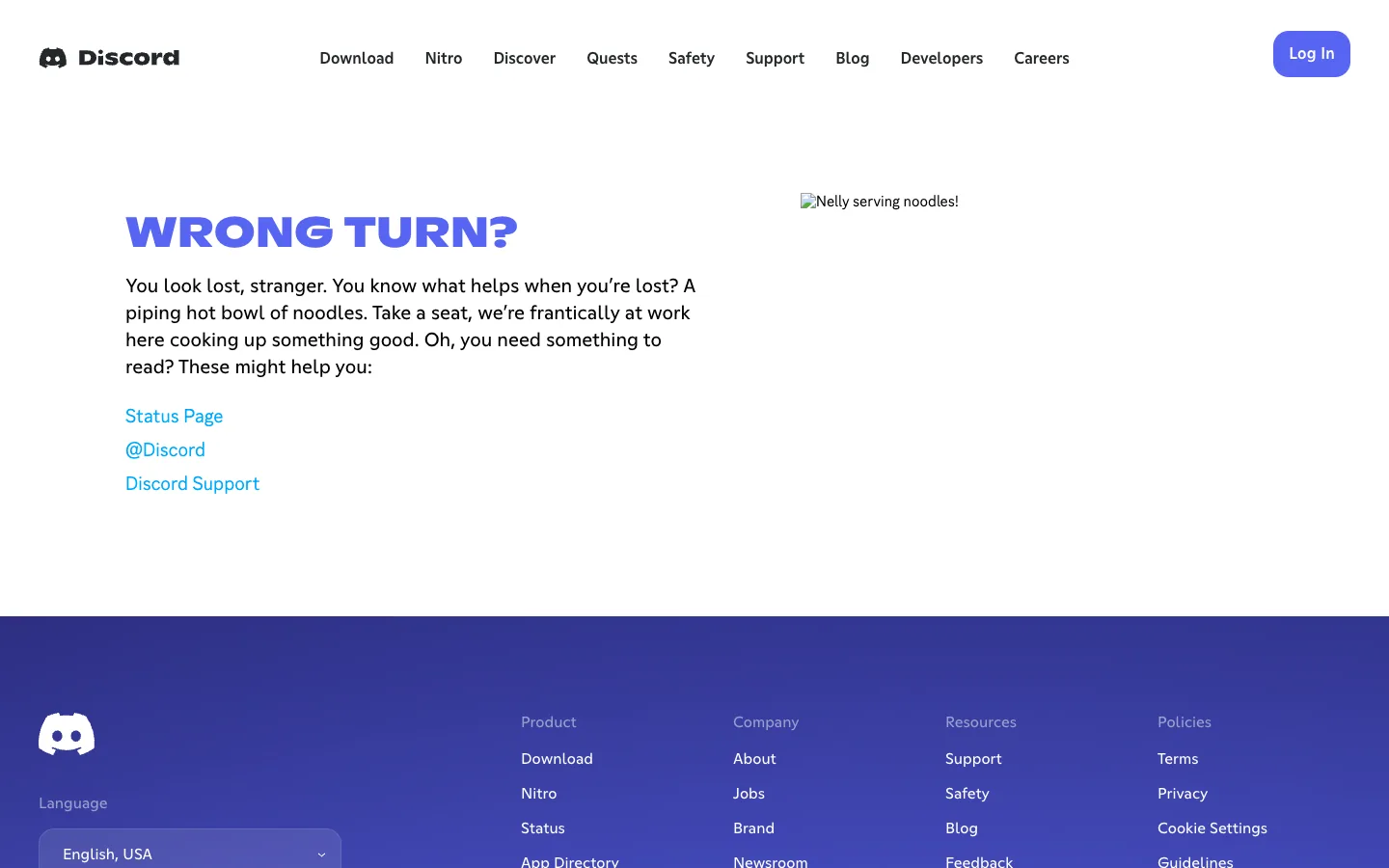 Discord 404 page headed Wrong turn with in-character copy and links to the status page, the Discord account and support