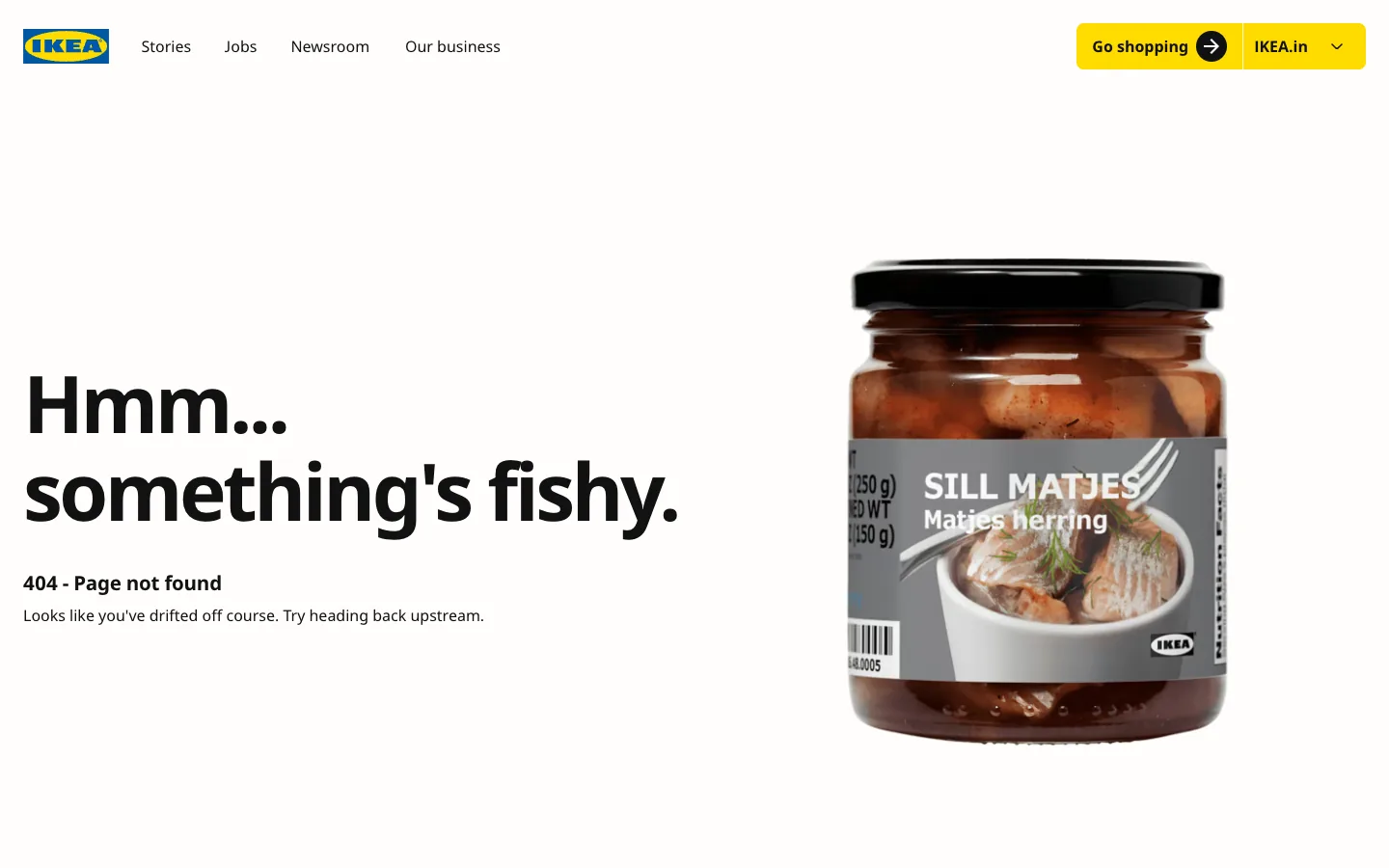 IKEA 404 page with the headline Hmm something's fishy next to a jar of pickled herring