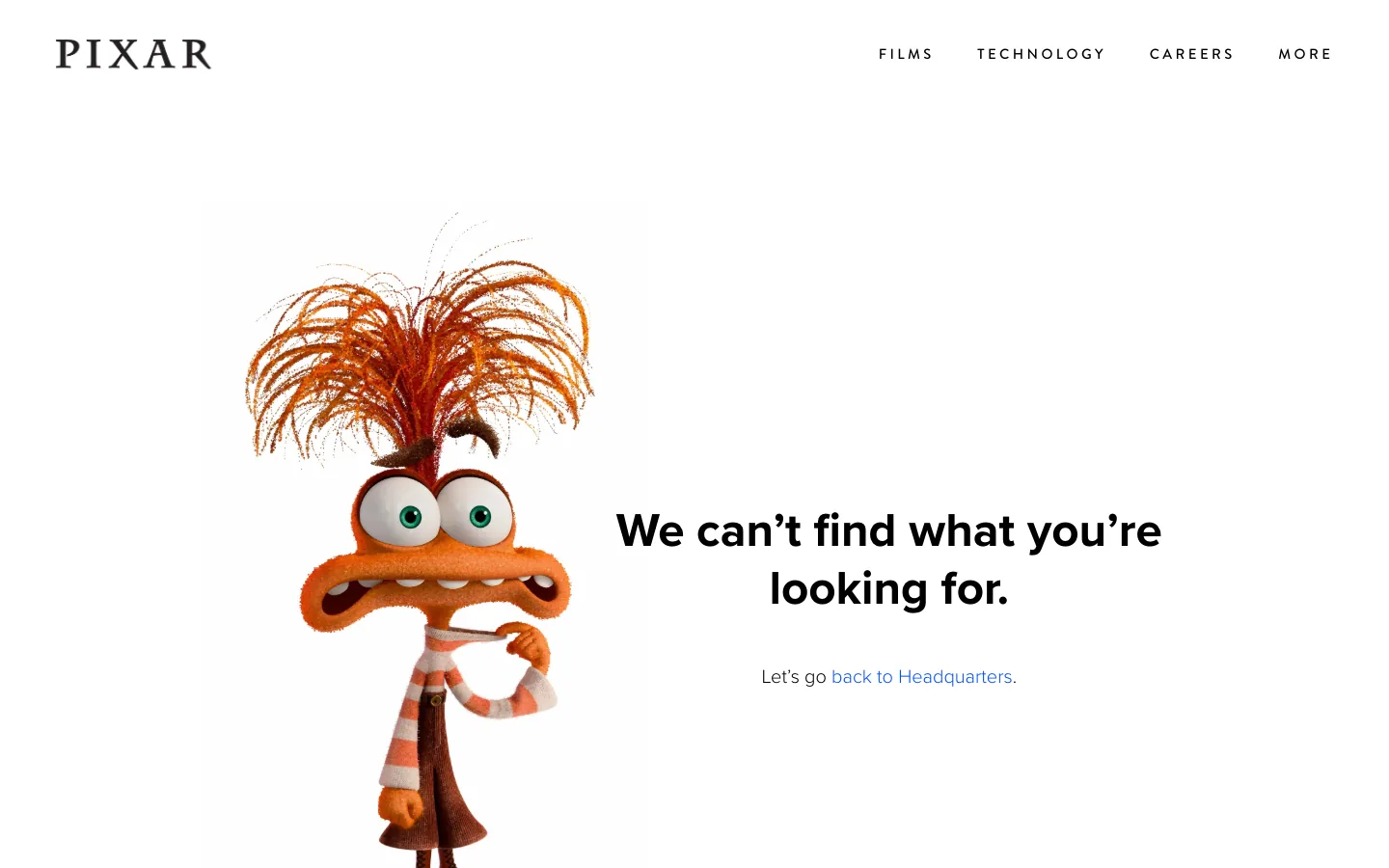 Pixar 404 page with the character Anxiety from Inside Out beside the message We can't find what you're looking for