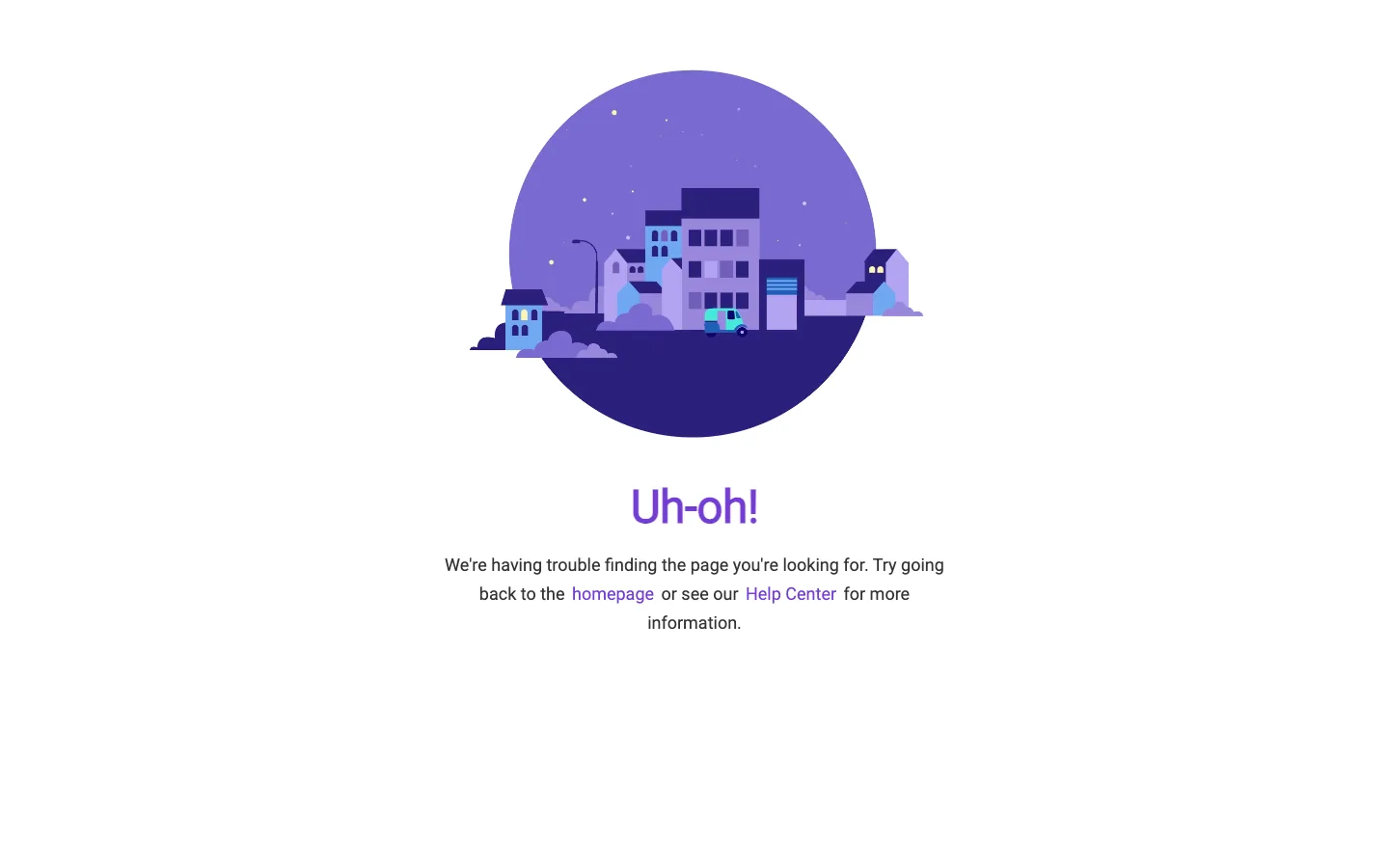 PhonePe 404 page with a purple night-city illustration, the heading Uh-oh and links to the homepage and Help Center