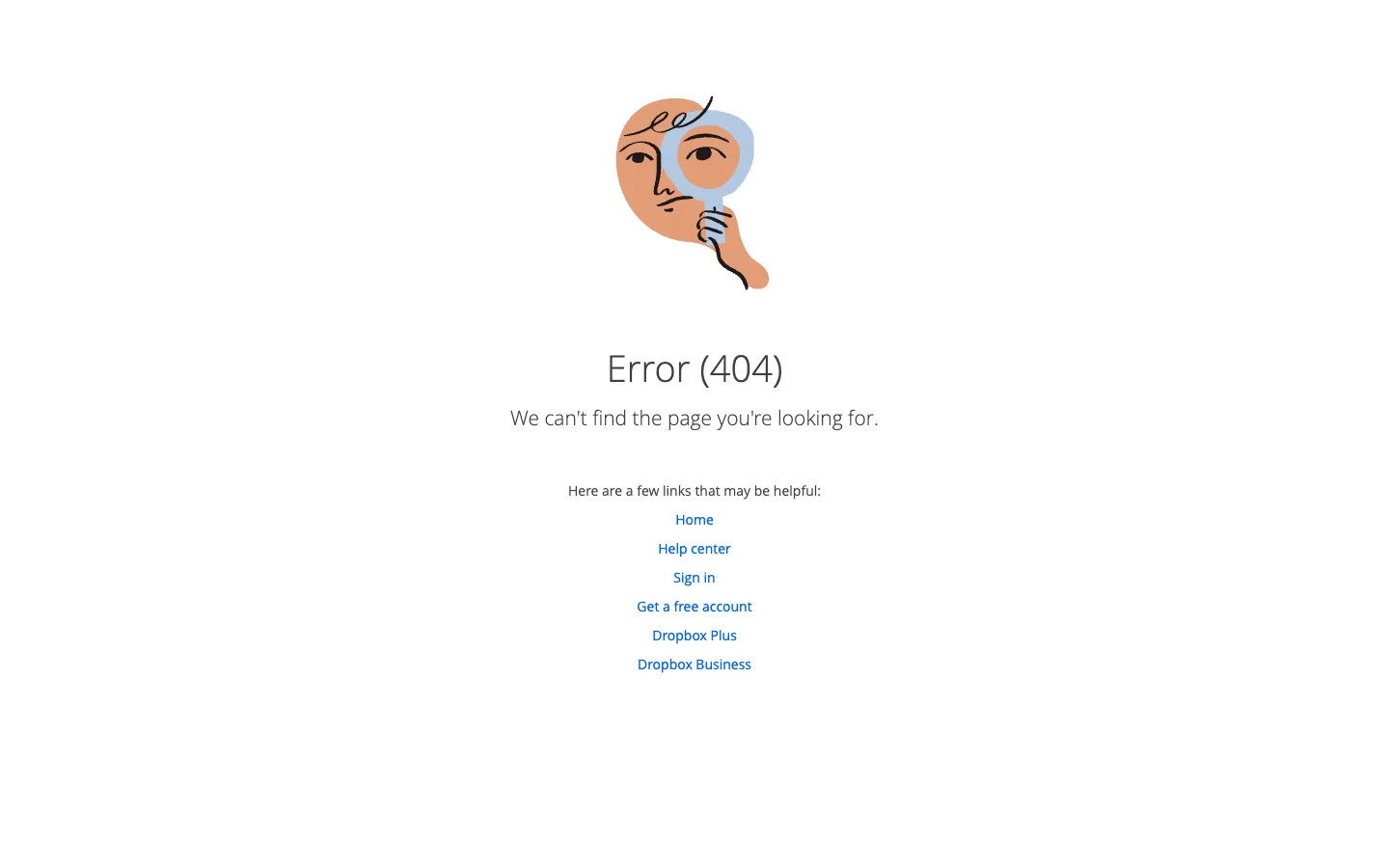 Dropbox 404 page with a small illustration, the heading Error 404 and five helpful links