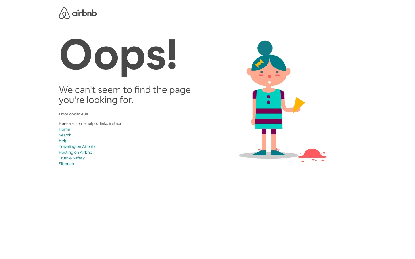 Airbnb 404 page with the headline Oops, an animated illustration of a girl dropping ice cream and six helpful links