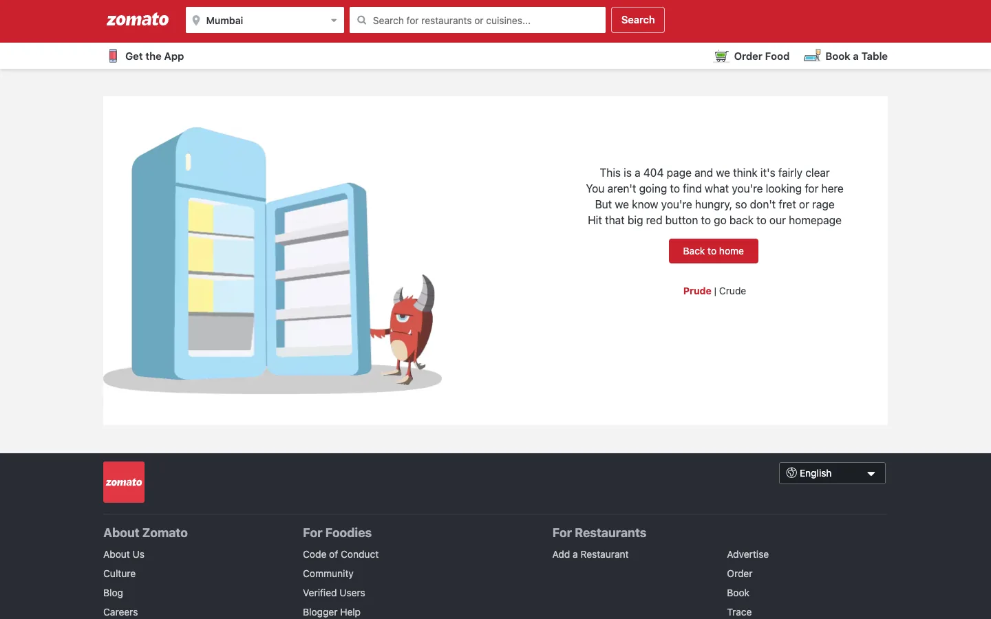 Zomato 404 page with an illustration of an open fridge, a short message, a Back to home button and the location search still in the header