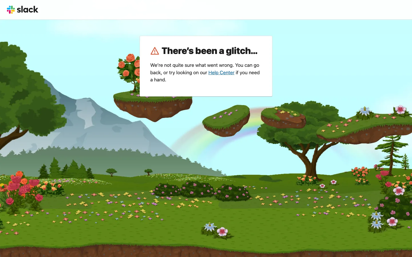 Slack 404 page with a landscape illustration and a card saying There's been a glitch with links to go back or the Help Center
