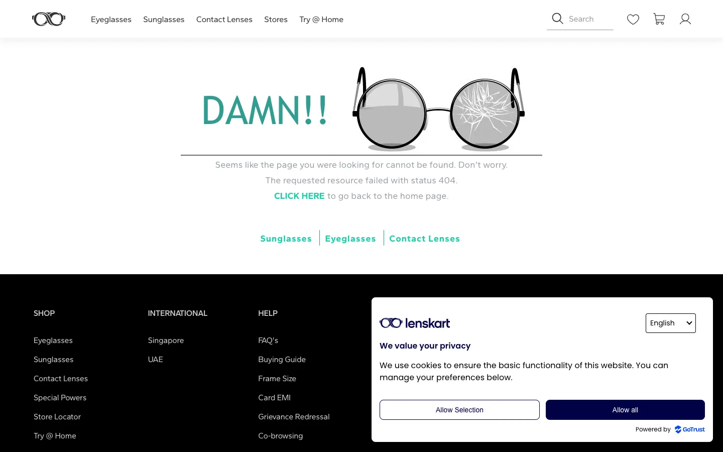 Lenskart 404 page with the heading DAMN and the line The requested resource failed with status 404 next to a pair of cracked glasses