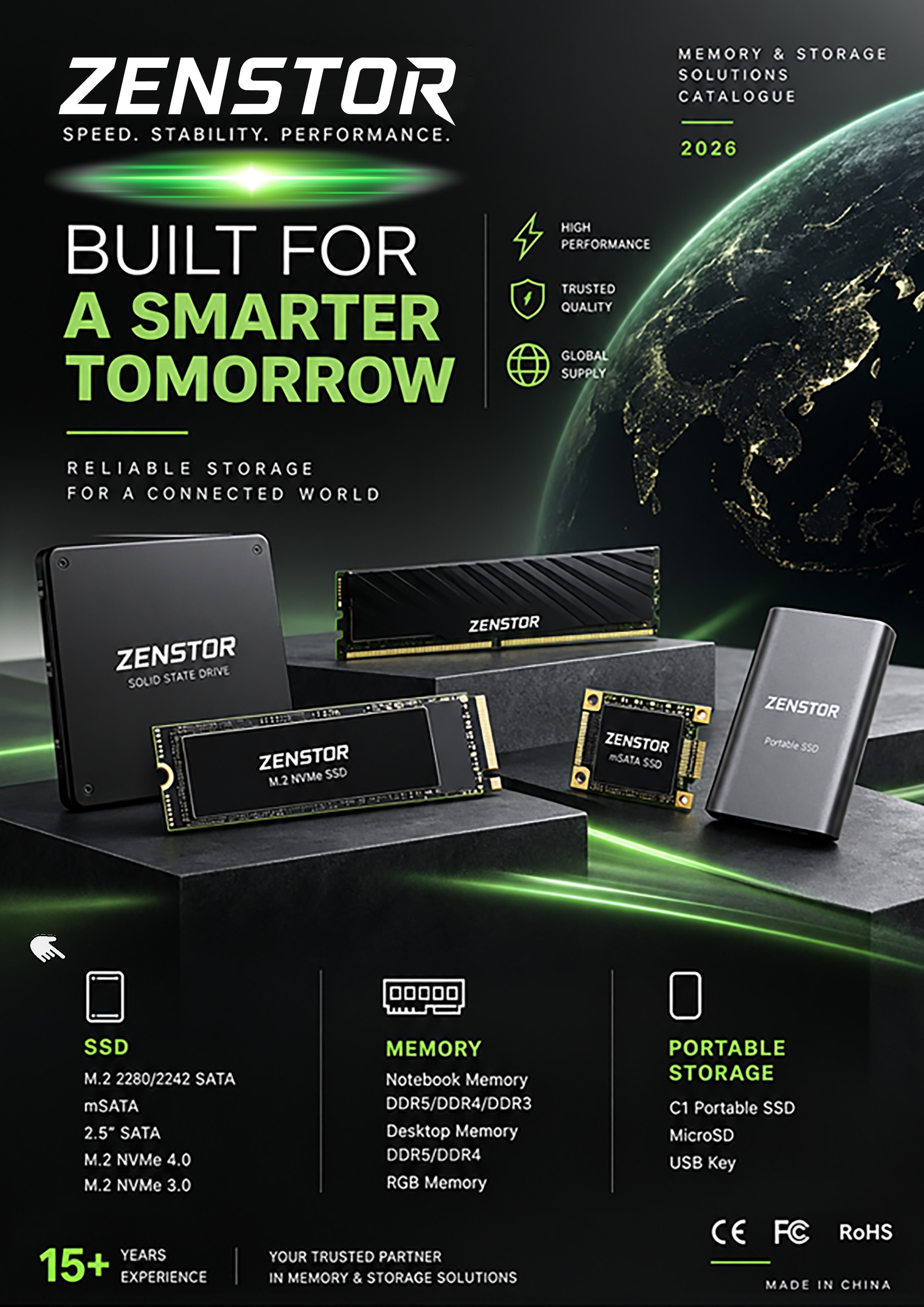 Zenstor memory and storage solutions catalogue cover for 2026 featuring various Zenstor solid state drives and memory modules on black platforms with green lighting, highlighting SSD, memory, and portable storage product categories and emphasizing speed, stability, performance, and over 15 years of experience.