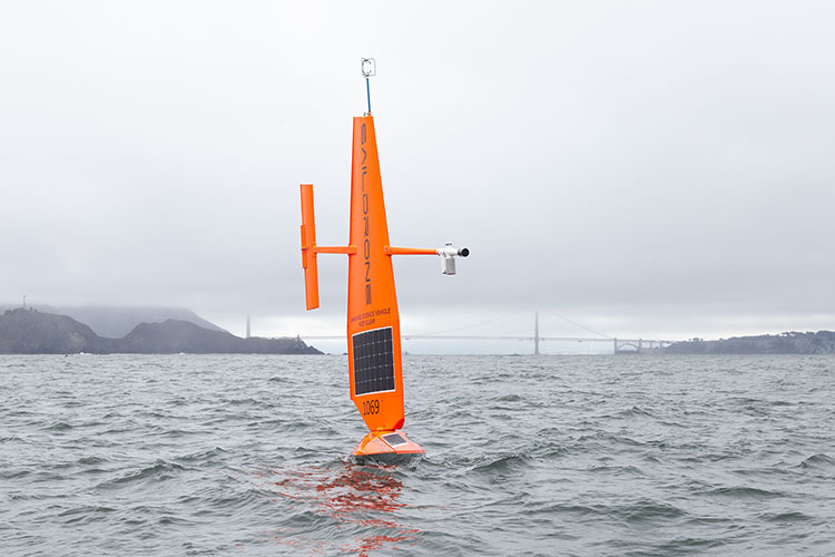 Saildrone in front of Golden Gate Bridge.