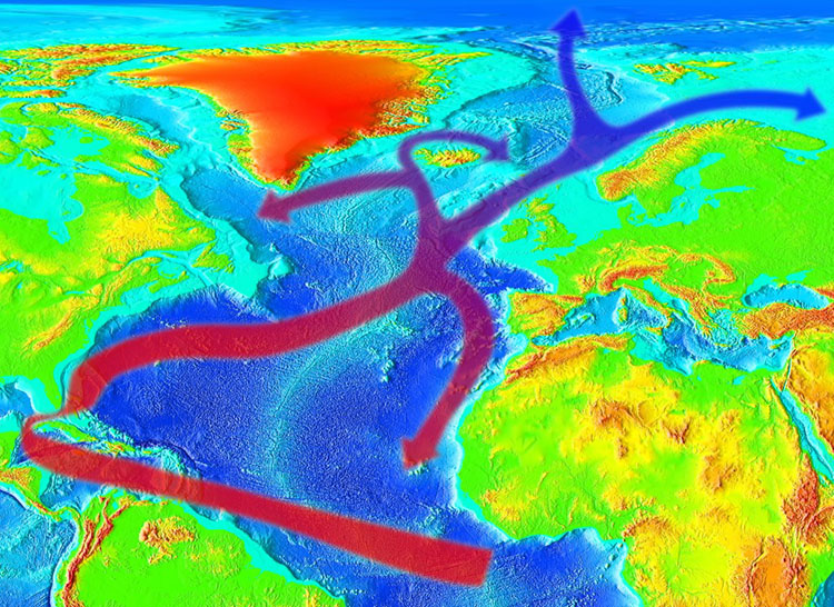 An illustration showing the path of the Gulf Stream and how it impacts weather on both sides of the Atlantic, with data from NOAA National Center for Environmental Information. Photo: RedAndr/Wikimedia.