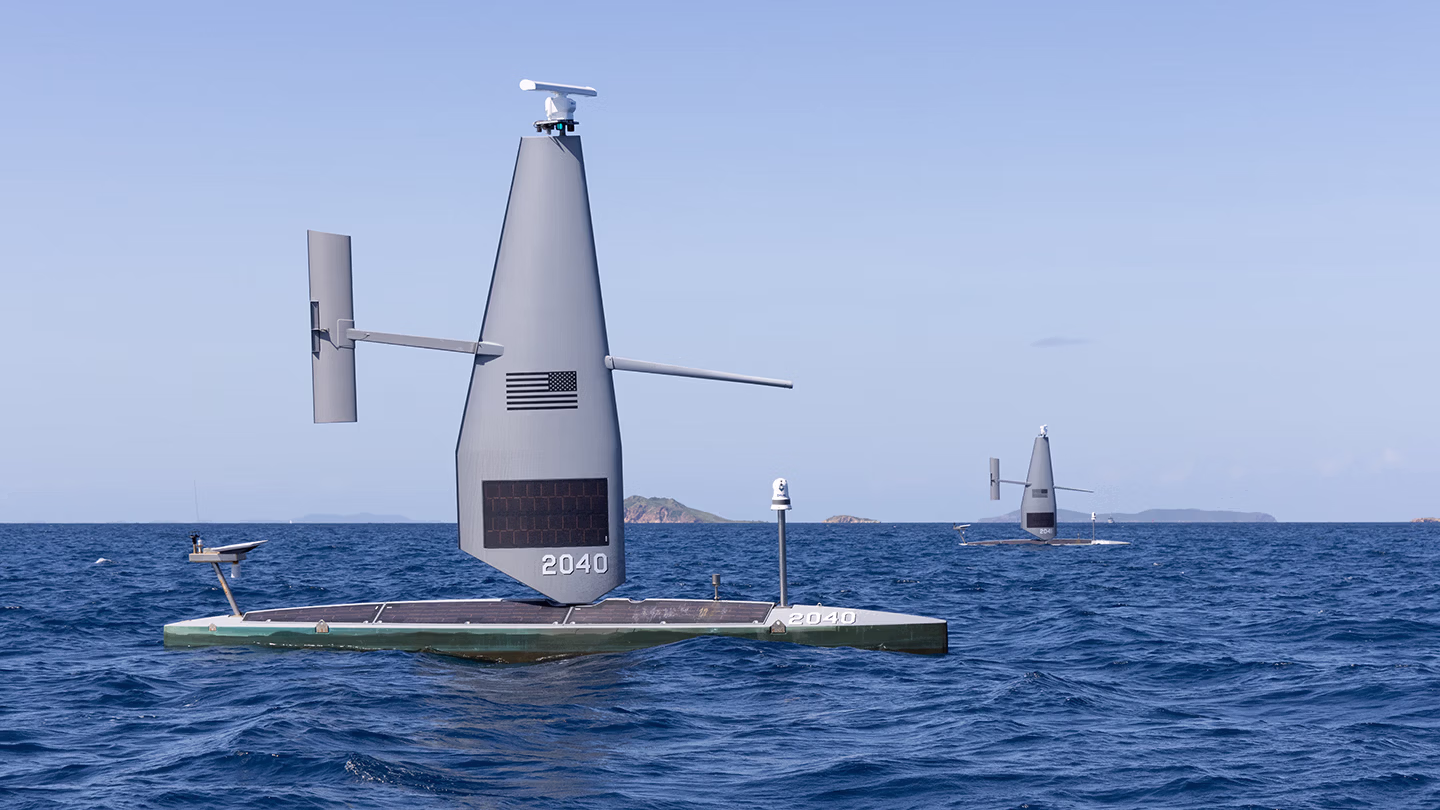 Saildrone Voyager USV sailing in Caribbean waters on a sunny day