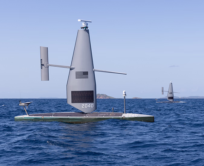 Saildrone Voyager USV sailing in Caribbean waters on a sunny day