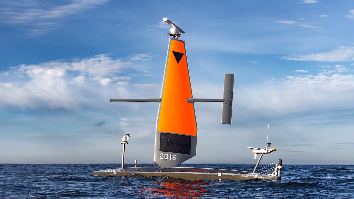 Saildrone Voyager USV on sunny day in ocean
