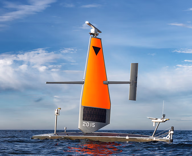 Saildrone Voyager USV on sunny day in ocean