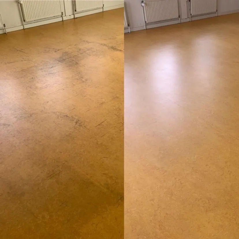 Vorher-Nachher-Ergebnis einer Grundreinigung und Langzeit-Versiegelung von Olaf Hennicke bei gelbem Linoleum.